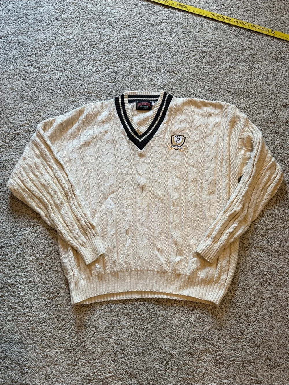 Purdue Crest Cable Knit V-Neck Sweater - Cream with Black Trim